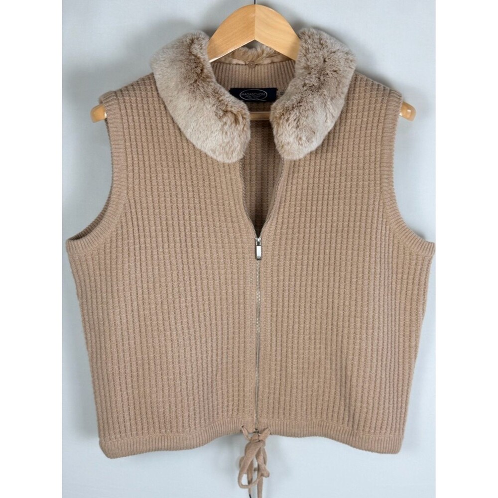 Magaschoni Wool Yak Vest Detachable Rabbit Fur Collar Zip Knit Beige Size Large